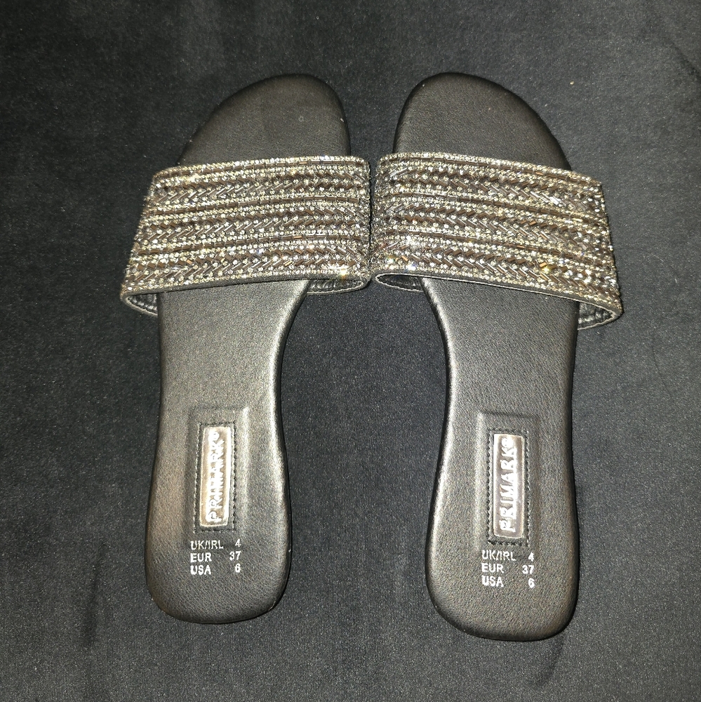 Primark Black and Silver Sandals with Rhinestone Straps